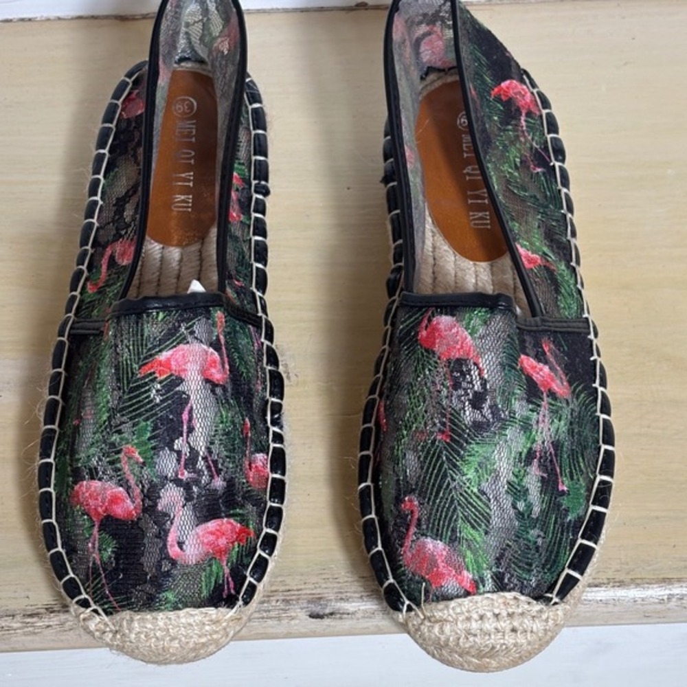Mei Qi Yi Ku‎ Women Flamingo Tropical Lace Mesh Espadrille Flats Black Green 39